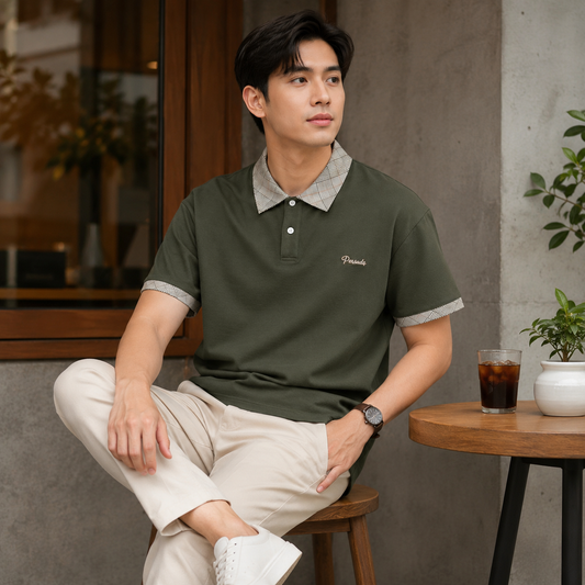 HYYPE Olive Green Checked Collar Polo T-Shirt