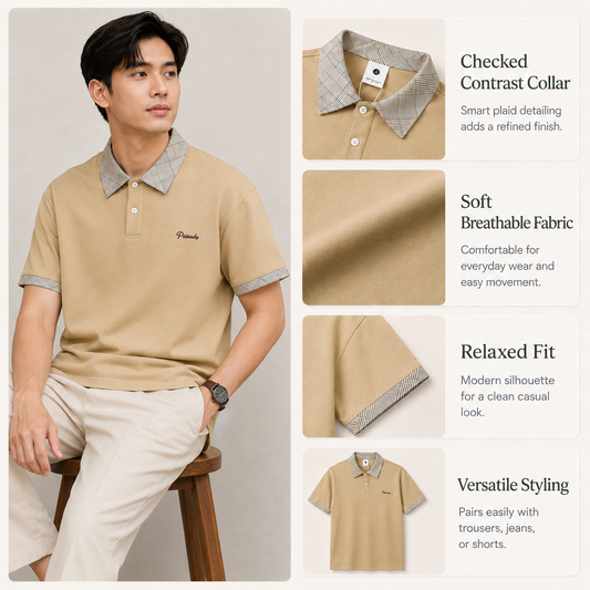 HYYPE Beige Checked Collar Polo T-Shirt