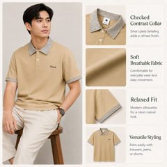 HYYPE Beige Checked Collar Polo T-Shirt