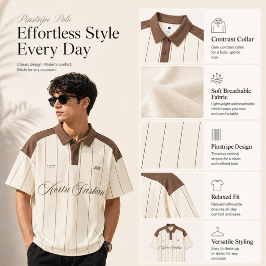 HYYPE Beige Pinstripe Contrast Collar Polo T-Shirt