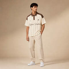 HYYPE Beige Pinstripe Contrast Collar Polo T-Shirt