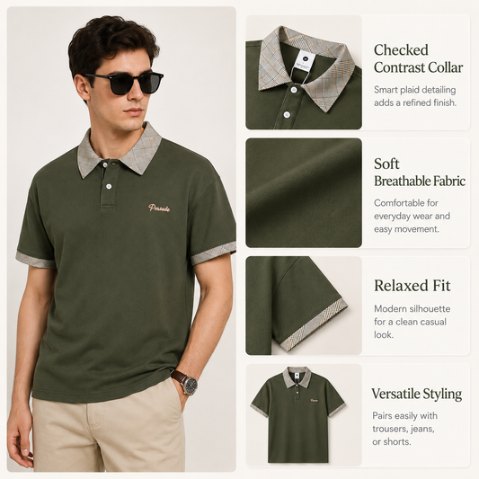 HYYPE Olive Green Checked Collar Polo T-Shirt