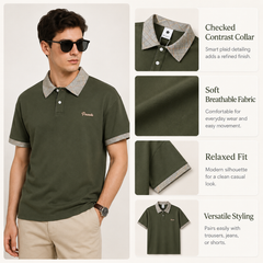 HYYPE Olive Green Checked Collar Polo T-Shirt